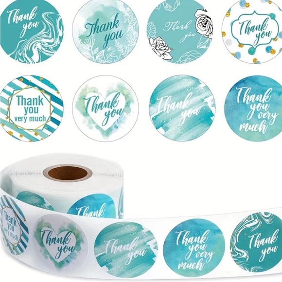 Other - 500- Thank You Stickers Roll - Teal and White